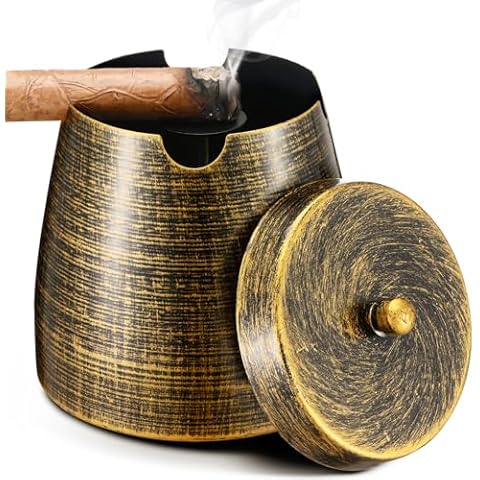 Cigar Ashtray with Lid for Outdoors Outside Patio Home Retro Decor,4 Large Cigar Holder Ashtray for Cigar Cigarettes,Cigar Accessories Gift for Men Dad Husband Boyfriend (Large) Cover