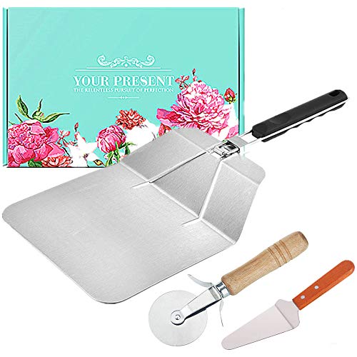CofeLife Stainless Steel Pizza Peel with Folding Heat Proof Handle, Stainless Steel Pizza Cutter Wheel And Pizza Server with Wooden Anti-Slip Grip Handle, Pizza Peel Set for Baking Homemade Pizza