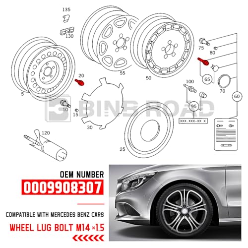 Image of 20Pcs M14 x 1.5 Wheel Lug Bolts Nuts Compatible with Mercedes Benz C300 E350 CLA250 GL350 ML350 SLK350 W204 W211 C209 W164 W251 (Replaces 0009908307)