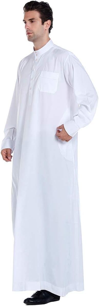 Men Arabic Long Sleeve Pure Color Thobe Crew Stand Collar Kaftan Robe with Button