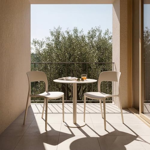 Klint Lot de chaises empilables en polypropylène beige et table de jardin ronde Thule en métal pour cuisine, salon, jardin et balcon, design minimaliste et...