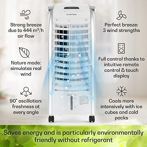 Klarstein 65W Portable Air Cooler, 4-In-1 Evaporative Air Coolers for Home, Silent with Night Mode, Humidifier, Ventilator, Small Water Cooler, 6 L Ice Fan Portable Cooler, 444m³/h Air Flow, White