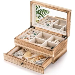 Tebery Rustic Wooden Jewelry Box Organizer with Mirror for Girls Women, 2 Layer Large Vintage Jewelry Storage Case with Ring Tray for Necklace Earring Bracelets Rings(Torched Wood)