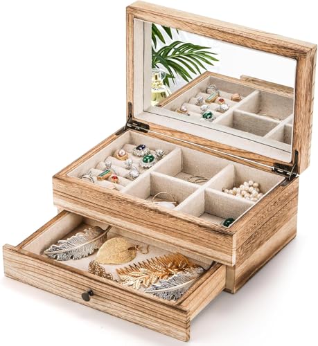 Tebery Rustic Wood Jewelry Box with Mirror, 2 Layer Vintage Storage Organizer for Necklaces Earrings Bracelets Rings, Large Solid Wood Case for Women