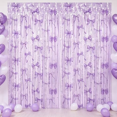 Image of TONIFUL 2Pcs Laser Purple Bow Metallic Tinsel Foil Fringe Curtain Streamers