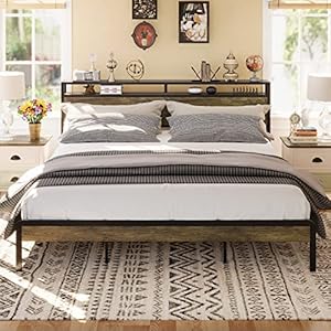 LIKIMIO King Size Bed Frame, Platform Bed with 2-Tier Storage Headboard, Solid and Stable, Noise Free, No Box Spring Needed, Easy Assembly, Rustic Maple