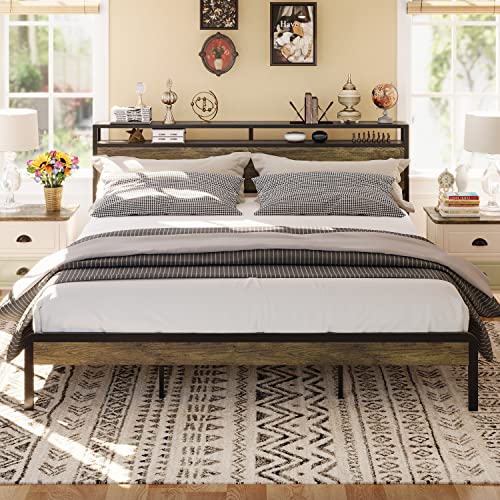 LIKIMIO King Size Bed Frame, Platform Bed with 2-Tier Storage Headboard, Solid and Stable, Noise Free, No Box Spring Needed, Easy Assembly, Rustic Maple