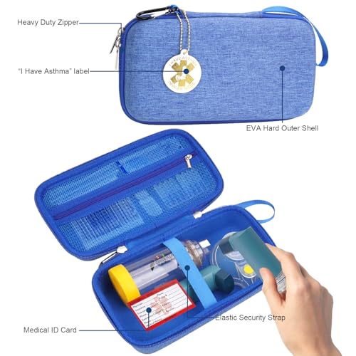 Image of MGZNMTY Travel Carrying Case Compatible with Asthma Inhaler Spacer for Adults and Children, Masks, Inhaler Holder with Asthma Alert Tag and Medical Card, Carabiner (Only Case) (Blue)