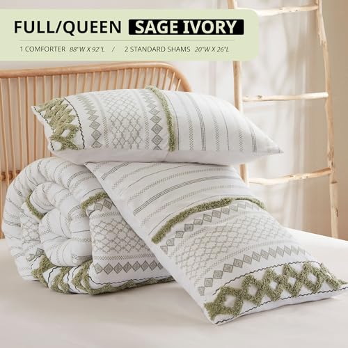 Image of Ink+Ivy Queen Comforter Set, Boho Comforters, Breathable Cotton Bed Set, All Season Modern Chenille Tufted Comforter with Farmhouse Bedding Flare, Gifts for Woman, Sage /Ivory 3 Piece
