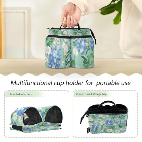 Image of Luggage Cup Holder for Suitcases Free Hands Suitcase Cup Holder Travel Luggage Drink Holder Portable Luggage Cup Caddy Bag Carrier with Handle Mint Green Bluebonnet and Daisies