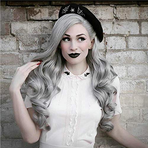 Perruque grise ondulée longue dentelle frontale cheveux synthétiques souples pour fête