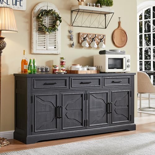 JXQTLINGMU 66' Large Buffet Sideboard Cabinet with 4 Doors and 3 Drawers, Buffet Table Coffee Bar Wine Bar Storage Cabinet for Dining Room, Living Room, Black