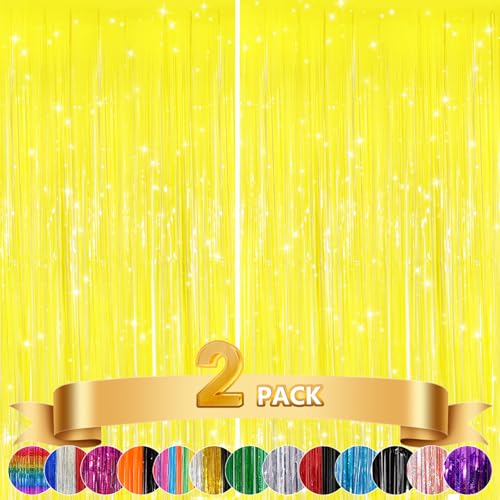 Image of GCB 2Pack Macaron Yellow Metallic Tinsel Foil Fringe Curtains, Door Streamers Photo Booth Backdrop for Birthday Party, Tinsel Curtain Backdrop for Baby Shower Bachelorette Christmas Party Decorations