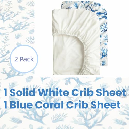 Image of SDIII 2 Pack Ocean Crib Sheets for Boys Girls 52x28 Stretchy Microfiber Jersey Knit Coral Fitted Crib Sheet for Standard Crib and Toddler Mattress