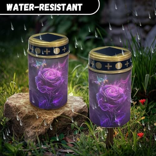 Image of Purple Rose Solar Lights for Grave Cemetery Decor 2 Pcs