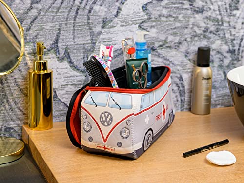 BRISA VW Collection - Volkswagen Neopren Universal-Schmink-Kosmetik-Kultur-Reise-Apotheke-Tasche-Beutel im T1 Bulli Bus Design (First Aid/Grau/Groß)