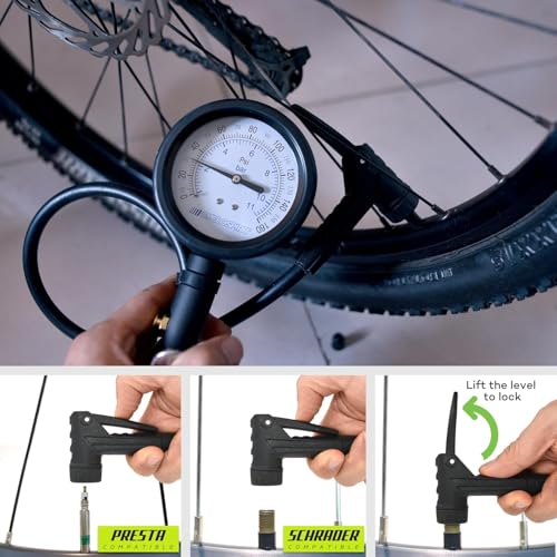 CycloSpirit Universal Bicycle Tire Inflator Gauge with Auto-Select Valve Type - Presta and Schrader Air Compressor Tool (Dial 3" Oversized)