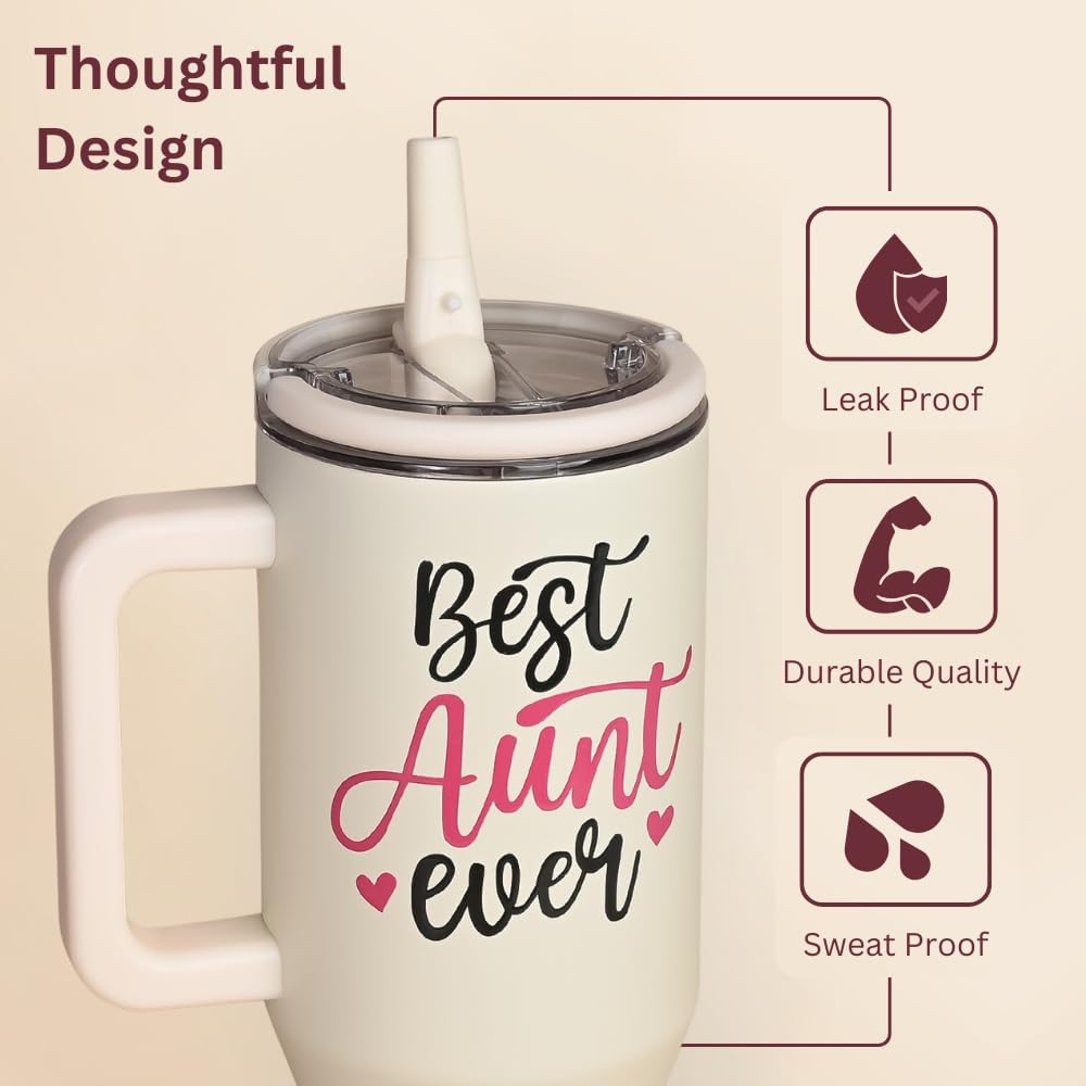 Christmas Gift for Aunt - 40 oz Tumbler with Handles & Straw Lid, Insulated Travel Coffee Mug, Leak Proof Tumbler, Best Aunt Ever Stainless Steel Cup with Cleaner Birthday Gifts for Women - Image 4