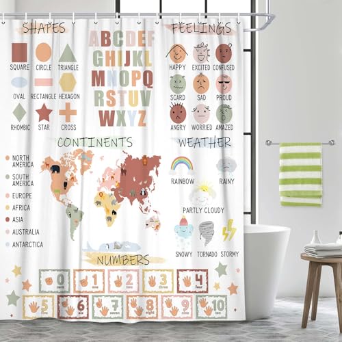 Image of Kids Educational Shower Curtain， Pastel ABC Alphabet Continents Map Numbers Shapes Weather Learning Tools Boy Girl Nursery Fabric Waterproof Polyester with 12 Pack Hooks Plastic