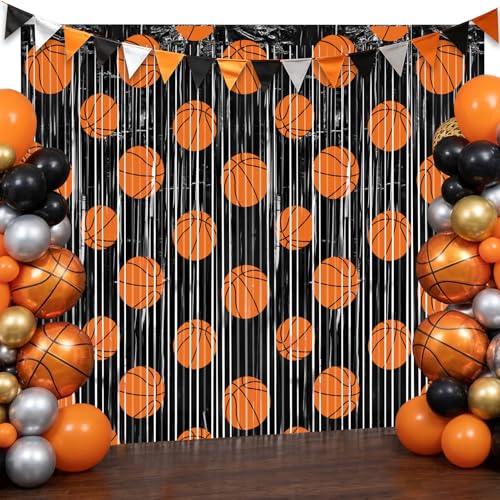 Image of 2 Packs Basketball Foil Fringe Curtain, Black Orange Basketball Pattern Metallic Tinsel Backdrop for Birthday, Baby Shower, Game Day, Team Celebrations, Sports Party Decorations Favor Supplies
