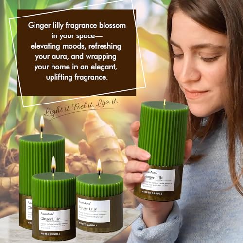Image of ASIAN AURA Ribbed Pillar Candles - Pack of 3 | Scented Candles for Home Decor, Gifting & Festive Use | Long Burn time up to 36hrs | Clean-Burning Wax & Smokeless Flame (Ginger Lilly)