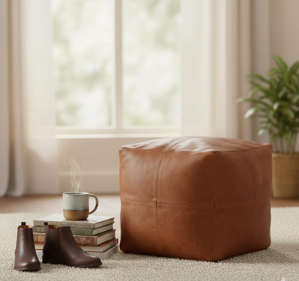 RAJERIYA Experience The Perfect Blend of Rustic Charm and Modern Luxury with Our Handcrafted Genuine Leather Pouf and Matching Pillow Set.