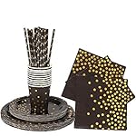 142 piece black and gold party supply set Gold polka dot party tableware including black paper dinner plates napkins paper cups and more. For graduations, birthdays, cocktail parties etc. - Image 5