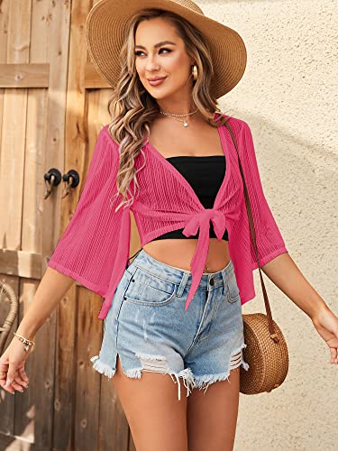 Zaful Women's Cropped Bolero Sheer Shrugs For Dress Short Sleeve Tie Front Cardigan Hot Pink L #TOP1