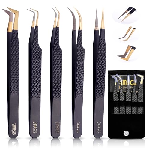 5 Pcs Fiber-Tip Japanese Steel Lash Tweezer Set with Leather Case Professional Eyelash Tweezers for Lash Extensions Titanium Coated 90 & 45 Angled Precision Pointed Tweezers (MATT BLACK)