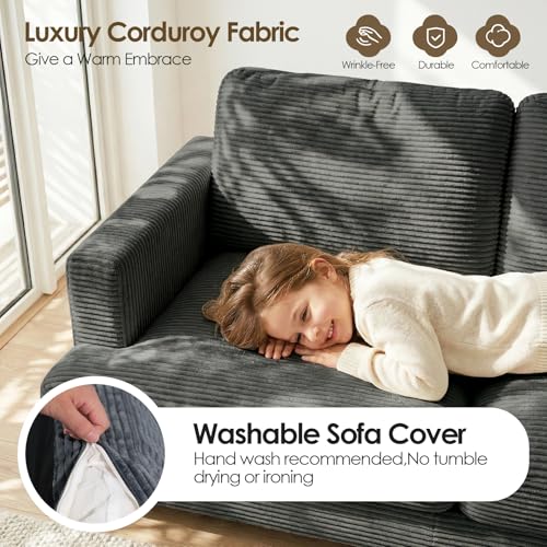 Image of 70 inch Loveseat Sofa, 2-Seater Bedroom Couches with USB, Deep Seat, Dark Grey | Upgrade Upholstered Love Seat Sleeper Sofa, Corduroy Small Couch for Bedroom, Apartment, Office