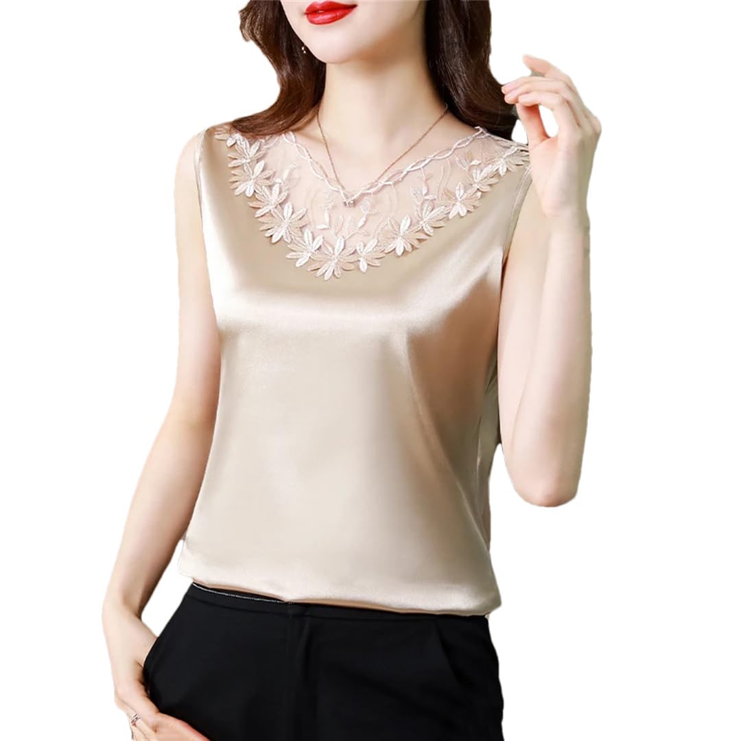 Donne Fiore Ricamo Senza Maniche Seta Camicette Estate Solido Pizzo Top