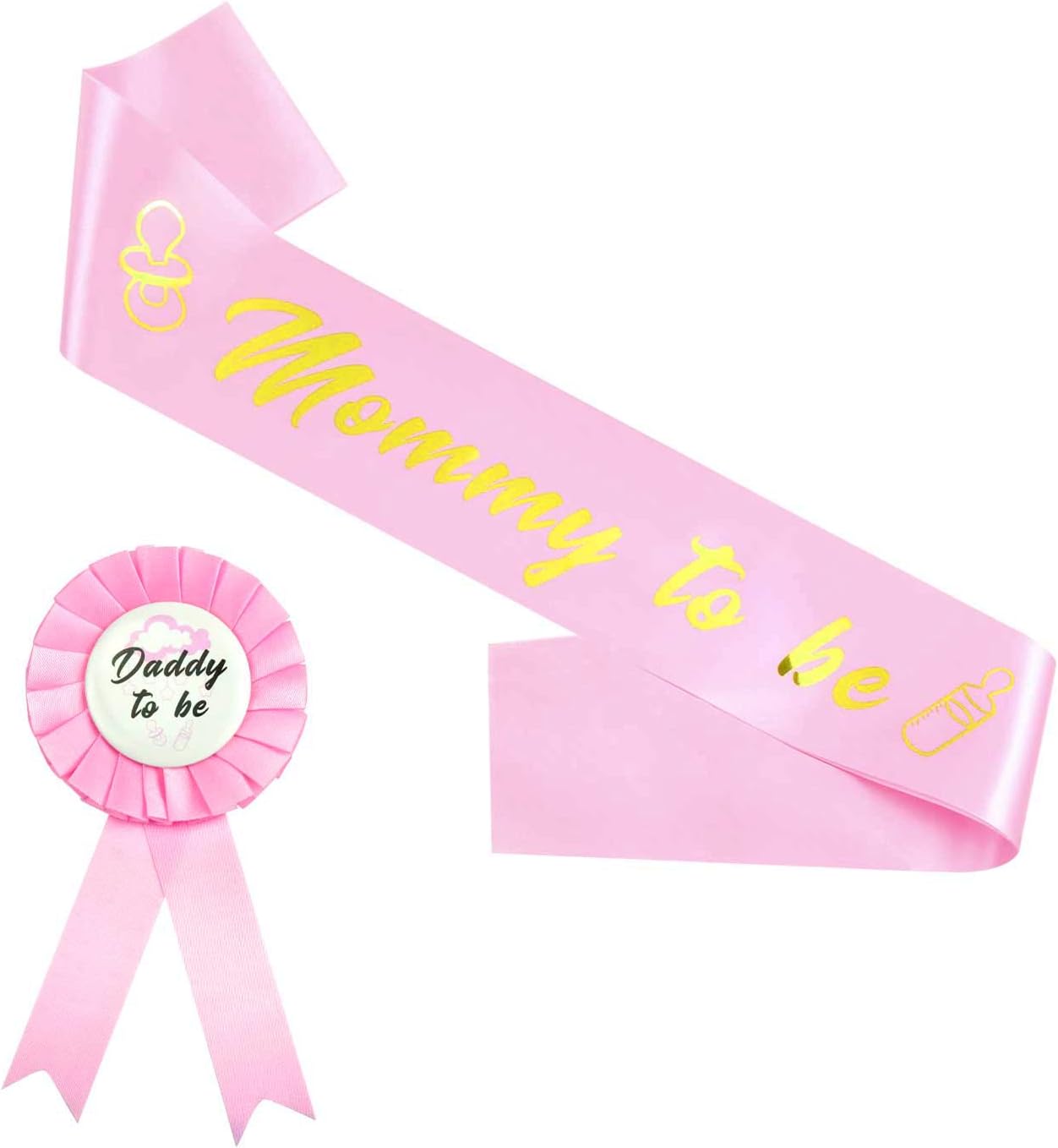 Ulikee 'Mommy To Be' Sash and 'Daddy To Be' Badge Pin Kit(2 pcs), Welcome Baby Shower Party Celebration Gender Reveals Party Gifts, Pink