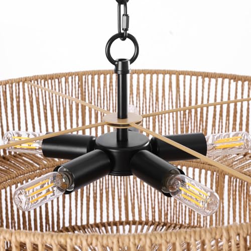 LamQee 22 Inch Farmhouse Rattan Chandeliers, 5 Lights Boho Chandelier Light Fixture with Hand Woven Wicker Shade, Large Rattan Pendant Lights Ceiling Hanging Lighting for Dining Room Kitchen Island by LamQee - Used condition - Image 5