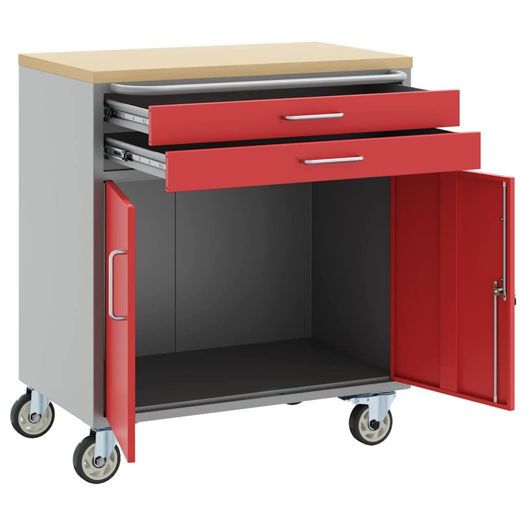 vidaXL Carrello da lavoro a rulli Rosso e Grigio 75 x 45 x 85 cm, Banco da lavoro, tavolo industriale modulare, resistente con spazi per organizzare attrezzi e materiali