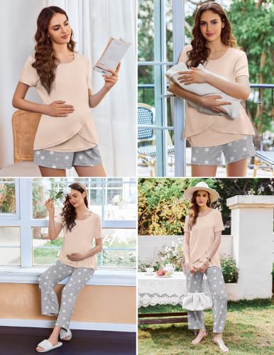 Image of Ekouaer 3 PCS Maternity Nursing Pajamas Set Postpartum Breastfeeding PJS | 3-Piece Set, Including Short Sleeve Shirts, Pregnancy Shorts & Pants, Buttery Soft, Skin-Friendly Feel