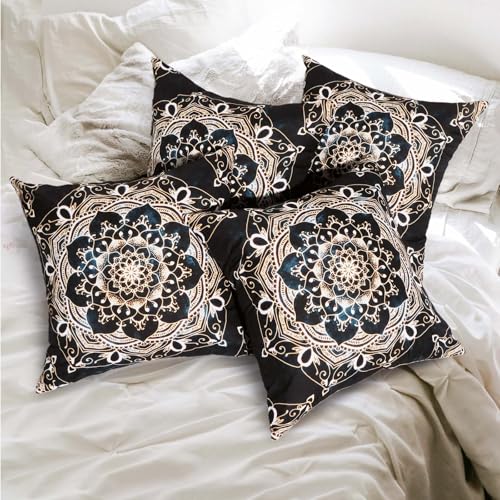 Image of Betadistor Black Cushion Covers 4 Pack 45 x 45 cm Comfortable Decorative Gold Flowers Pattern Throw Pillow Case Square Cushion Cover Pillowcase, Gold Black, 503-0064