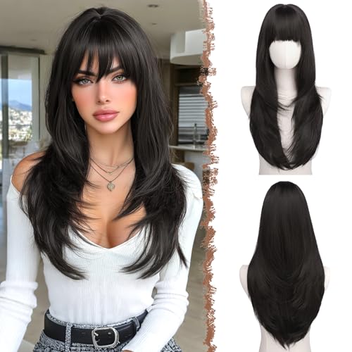 FESHFEN Peluca Liso con Flequillo   Pelucas Marrón Negro Largo y Rectas con Capas para Mujeres Natural Sintética Peluca Largas para Uso Diario en Fiestas, 60 cm