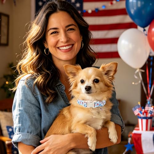 Image of Forth of July Dog Collar, 4th of July Comfortable Cotton Dog Collar, American Flag Collar for Puppy Girl Boy Dog or Cat, Patriotic Bowtie Collar with Metal Buckle, L