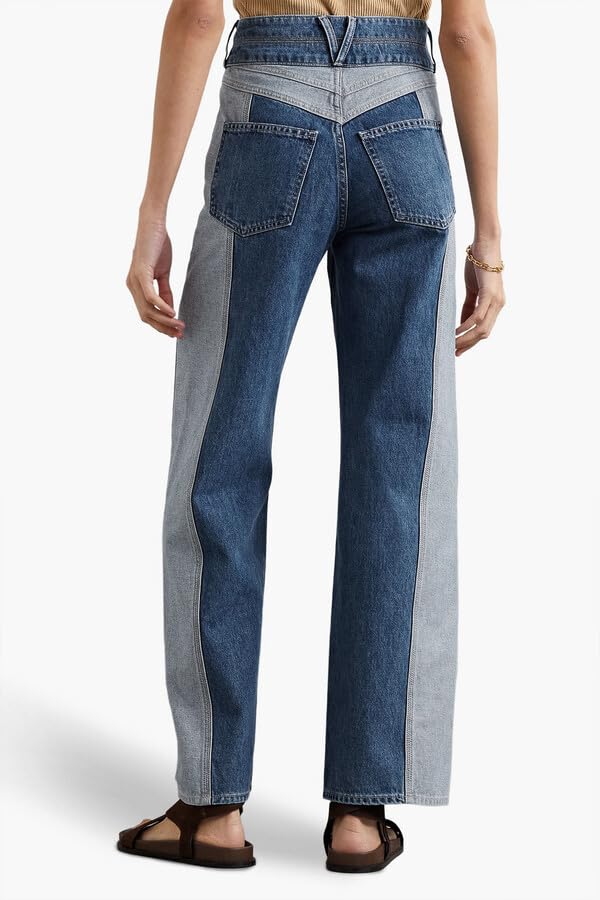 D-Sun Women Wide Leg Jeans Patchwork High Rise Straight Leg Denim Pants Casual Color Block Y2K Jean Trousers with Pockets4