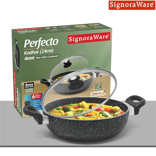 Image of Signoraware Perfecto 6 Coating Non Stick Kadhai 28cm | Gas & Induction Compatible | Low-Oil Cooking | Ergonomically Designed | Ideal for Frying, Sauteing or Preparing Rich Curries (2.5 LTR | Steel)