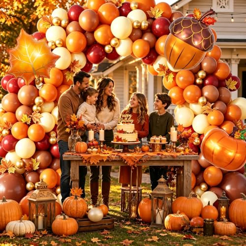 Image of 162pcs Fall Balloon Arch Kit, Thanksgiving Garland in Burnt Orange Burgundy Coffee Nude Balloons with Foil Pumpkins, Pinecones & Maple Leaves for Thanksgiving Autumn Harvest Birthday Party