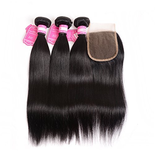 Brazilian Straight Hair Bundles with Closure Unprocessed Straight Human Hair 3 Bundles with Lace Closure 4X4 Free Part Li Queen Hair Straight Brazilian with Closure 1B# Color (8 10 12+8)