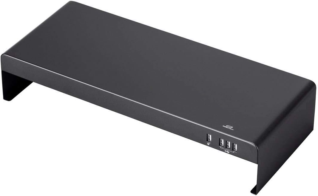 Monoprice Medium Multimedia Desktop Stand, Black Glass (27.6" x 12.2" x 3") - Stand & Riser, Laptop Stand, Desktop TV Stand, Dual Monitors w/ Height Adjustable Legs - Workstream Collection (116360), 25.6" x 11.0"