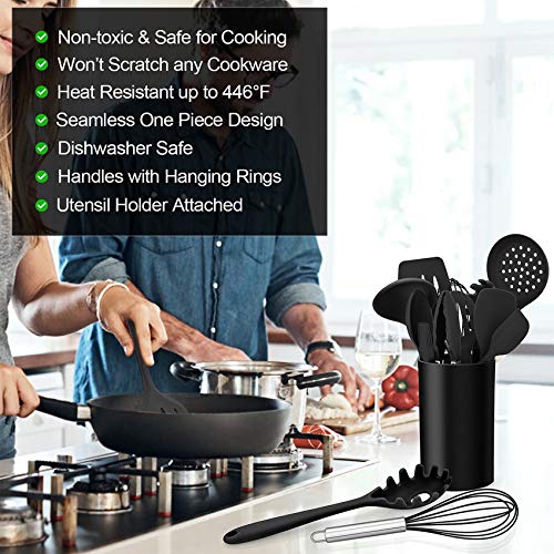 Image of LIANYU 12-Piece Black Silicone Kitchen Cooking Utensils Set with Holder, Kitchen Tools Include Slotted Spatula Spoon Turner Ladle Tong Whisk, Dishwasher Safe