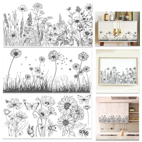 INFUNLY 3 Sheet Black White Rub on Transfers for Crafts 6x12 Flower Furniture Rub on Transfer Stickers Vintage Dandelion Rub on Floral Transfer Decals Waterproof for Wood Glass DIY Paper Home Decor