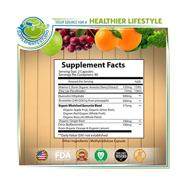 Supplements-Studio-Quercetin-with-Bromelain-Zinc-Vitamin-C-Ginger-Bioflavonoids-Organic-Whole-Foods-Immune-Cardiovascular-Respiratory-System-Support-Natural-Antioxidant-Vegan-Non-GMO180-Caps Quercetin with Bromelain Vitamin C and Zinc with Organic Whole Food Quercetin Blend - 1215mg per serving - Phytosome Quercetin 500mg, Ginger and Flavonoids for Immune & Respiratory Support - 180 count
