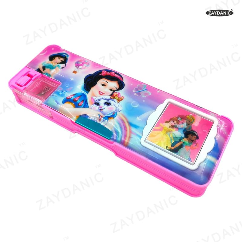 Image of Disney Princess Pencil Box Integrated Sharpener and Calculator, Magnetic Lock, Dual Compartments, Cartoon Stationery Case School Kit for Girls, Kids, Students Combo Set of 5in1