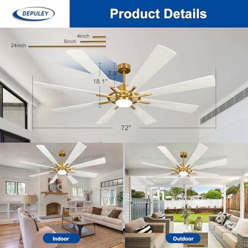 Image of Depuley 72-Inch Ceiling Fan with Light: Modern 8-Blade White and Gold Indoor Outdoor Fans with Remote App Control Dimmable Light - Ultra Quiet DC Motor Reversible 6 Speed Timer