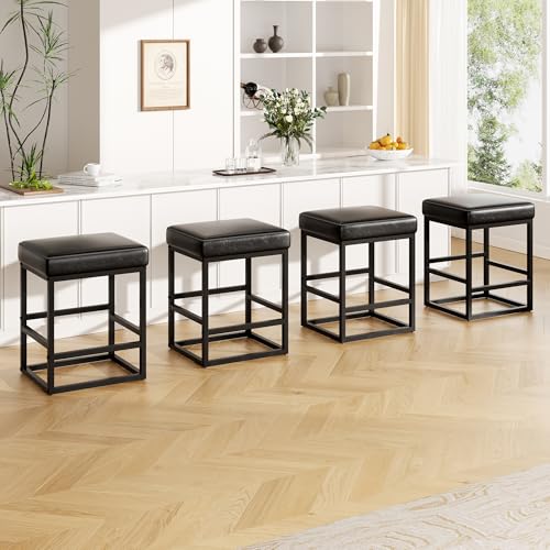 Image of Bar Stools, 24in Counter Height Barstools, Faux Leather Counter Stools with Thick Square Seats & Sturdy Metal Base, Modern Bar Chairs for Kitchen Island (Black)