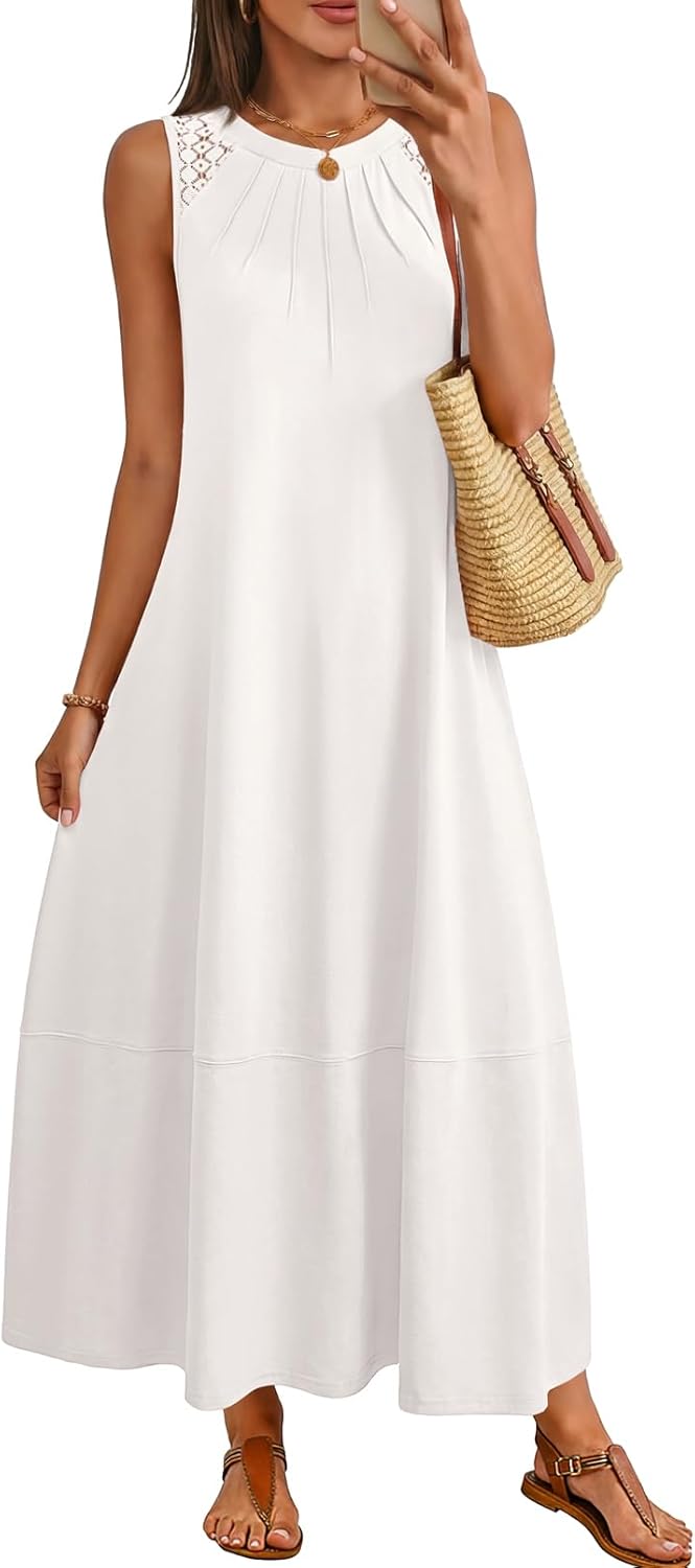 MEROKEETY Women's Summer Boho Maxi Dress 2026 Pleated Lace Hollow Out Beach Vacation Sundresses Sleeveless Tank Dress